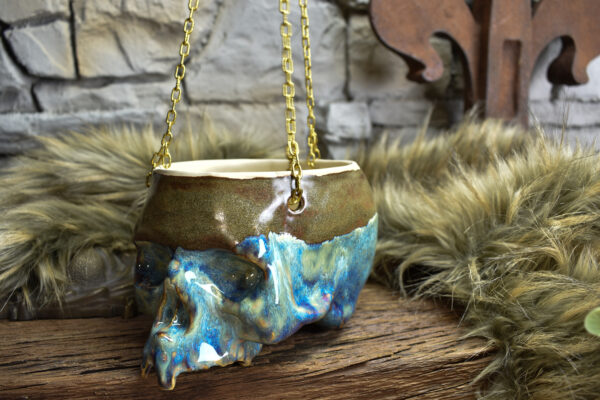 Medium size hanging skull plantpot brown/blue effect glaze - Image 5