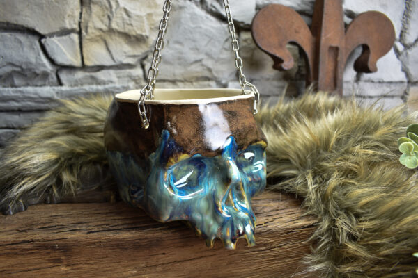 Large hanging skull plantpot brown/blue effect glaze - Image 6
