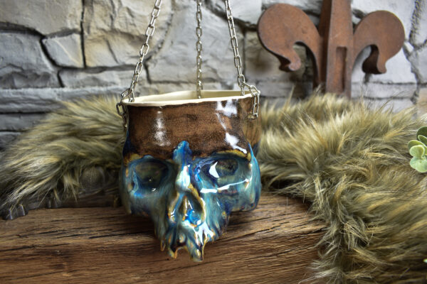 Large hanging skull plantpot brown/blue effect glaze - Image 5