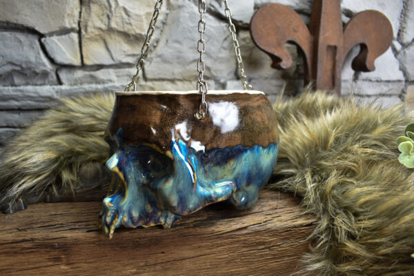 Large hanging skull plantpot brown/blue effect glaze - Image 4