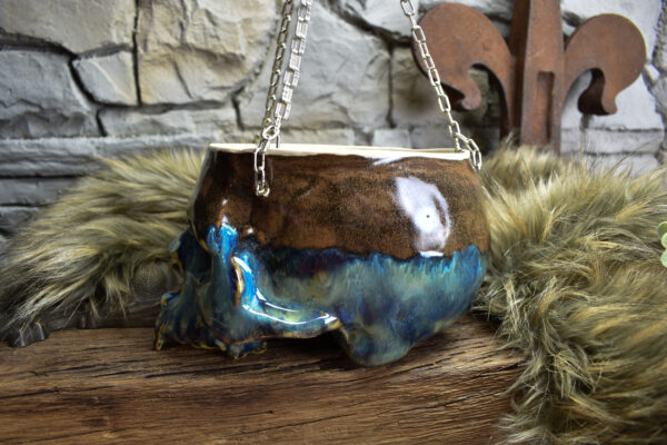 Large hanging skull plantpot brown/blue effect glaze - Image 3