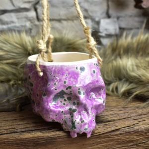 Small hanging skull plantpot pink and green effect glaze