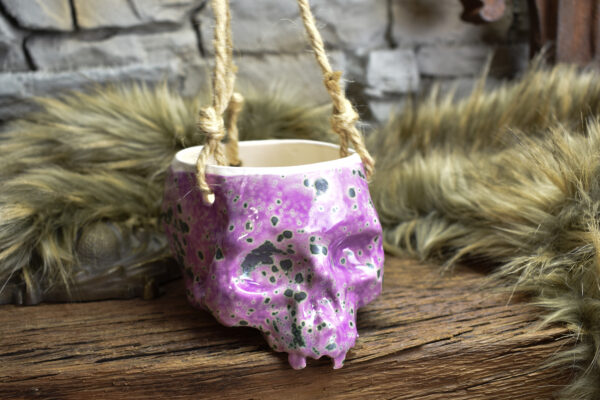 Small hanging skull plantpot pink and green effect glaze