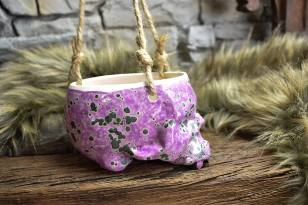 Small hanging skull plantpot pink and green effect glaze - Image 3
