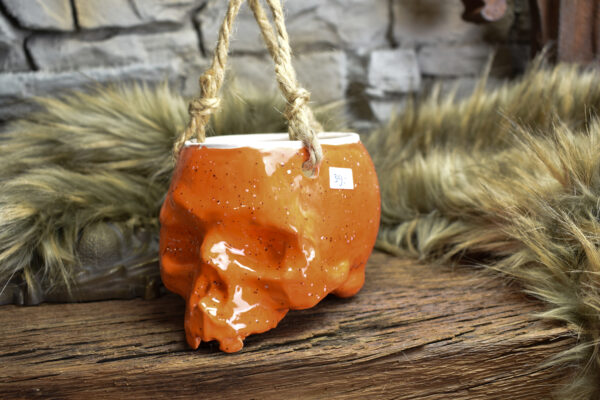 Small hanging skull plantpot shiny orange - Image 2