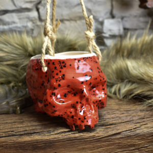 Small hanging skull plantpot red with black dots