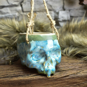 Small hanging skull plantpot green and blue effect glaze