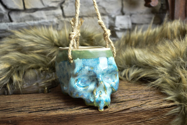 Small hanging skull plantpot green and blue effect glaze