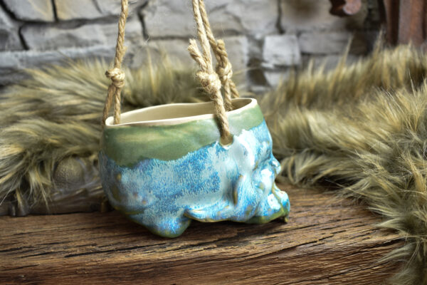 Small hanging skull plantpot green and blue effect glaze - Image 4