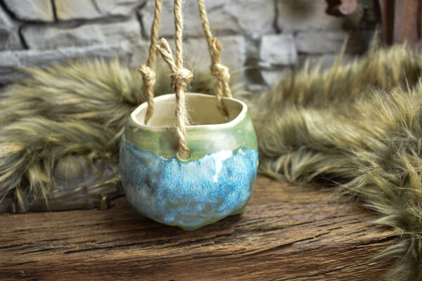 Small hanging skull plantpot green and blue effect glaze - Image 3