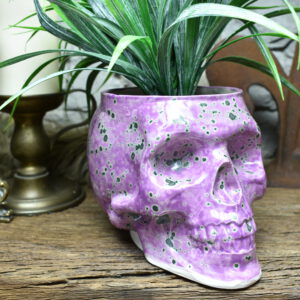 Big skull plantpot pink green spots 2