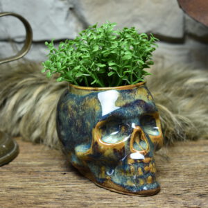 Small skull plantpot brown blue effect glaze