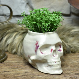 Small skull plantpot white shine and red blood effect glaze