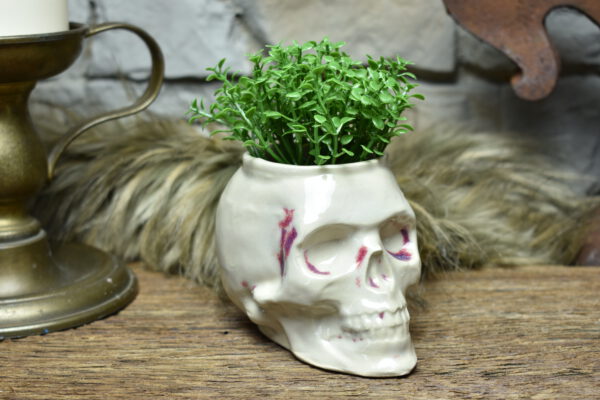 Small skull plantpot white shine and red blood effect glaze