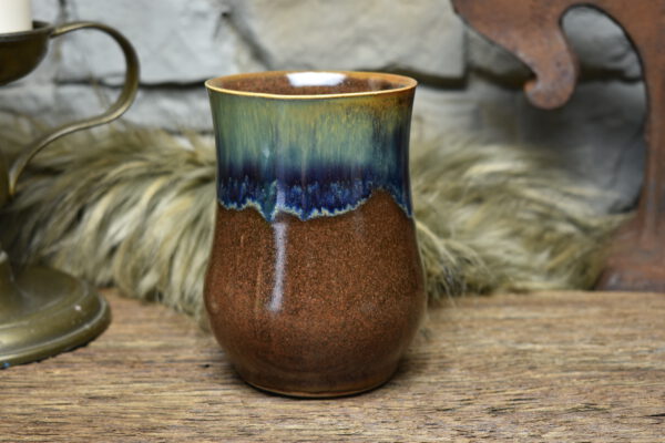 Handmade ceramic cup with matt brown and blue effect glaze - Image 2