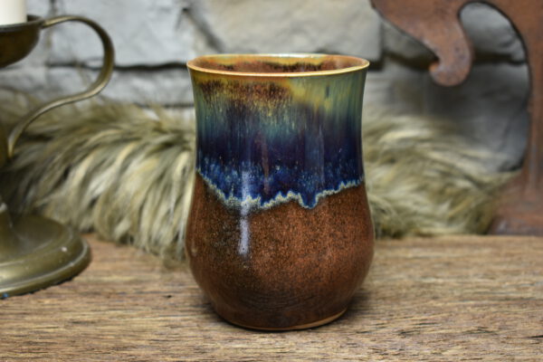 Handmade ceramic cup with brown and blue effect glaze 2