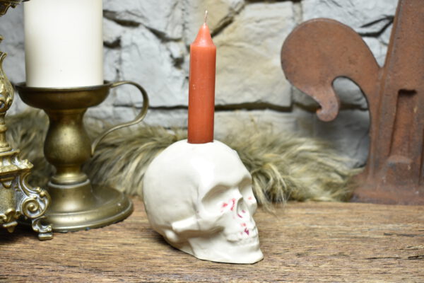 Handmade ceramic skull candle holder white and red effect glaze 2
