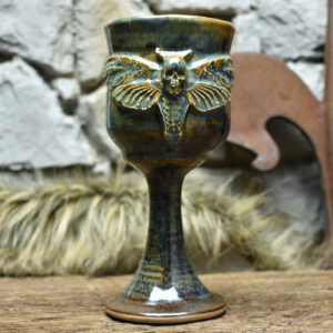 Handmade ceramic wine goblet with Death's-head hawkmoth - brown effect glaze