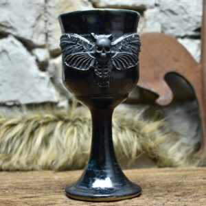 Handmade ceramic wine goblet with Death's-head hawkmoth - black effect glaze