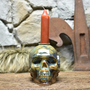 Handmade ceramic skull candle holder - blue brown effect glaze