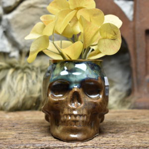 Small skull plantpot - brown and effect glaze