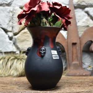 Handmade small vase with skulls black matt and red effect