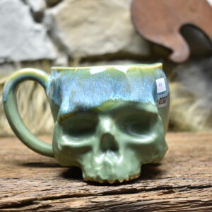 Skull mug green matt and blue effect glaze 2